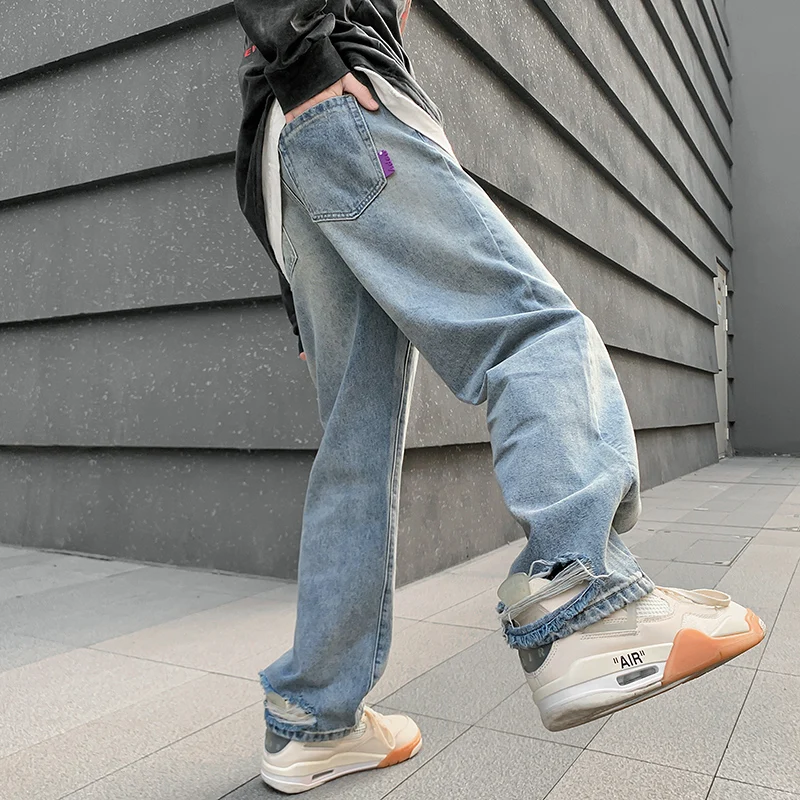 

2022 Spring Summer American Retro Washed Baggy Jeans Men's Loose Straight High Street Tide Brand Hole Mopping Wide Leg Pants