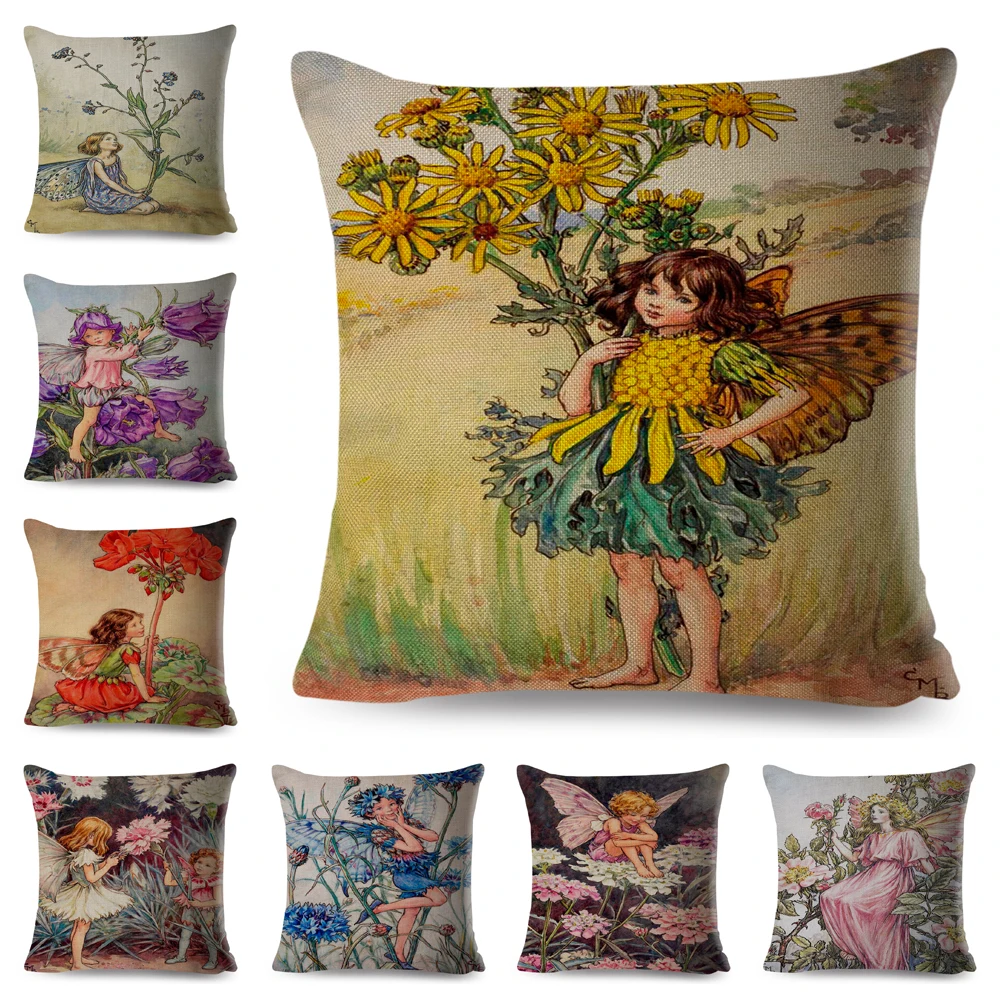 

45x45cm Cute Cartoon Flower Girl Cushion Cover Decorative Colorful Fairy Tale World Elf Pillowcase Sofa Home Pillowcase