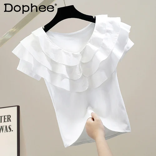 

Sweet Lotus Leaf Layered Doll Collar T-Shirt Femme Summer Slim-Fit Short-Sleeved Top Temperament Ladies White Tees 2022