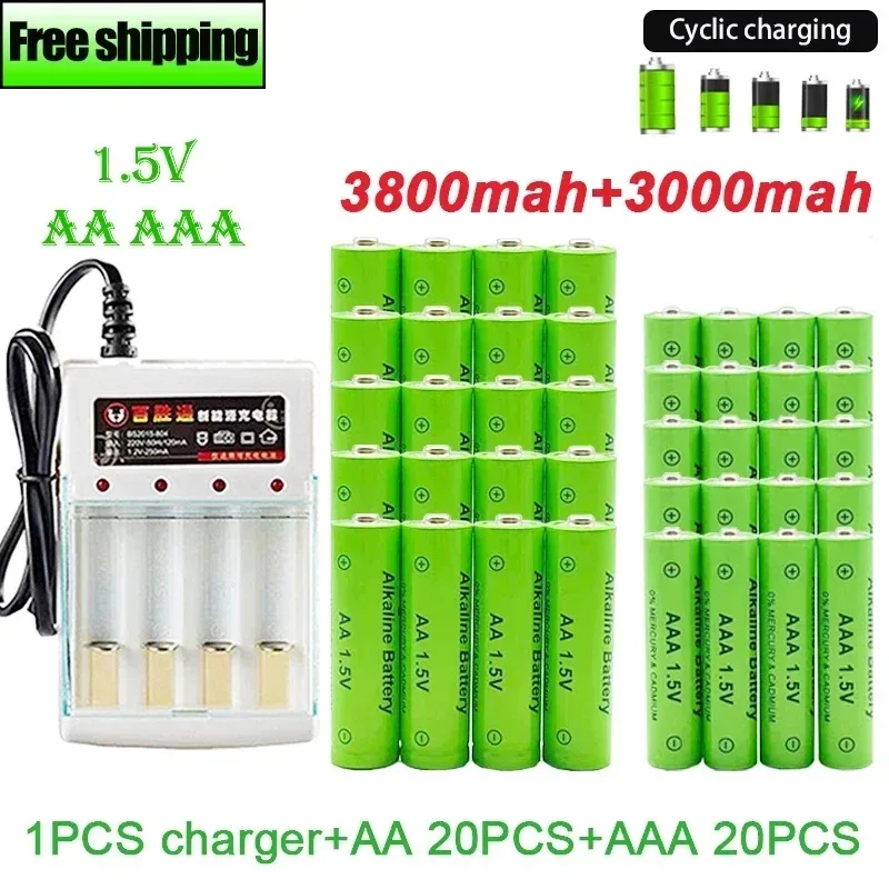 Фото Батарея AA + AAA, новая перезаряжаемая батарея 1,5 AA3800MAH AAA3000MAH с зарядным устройством для светодиодного фонарика, фонарикэлектронных устройств №1