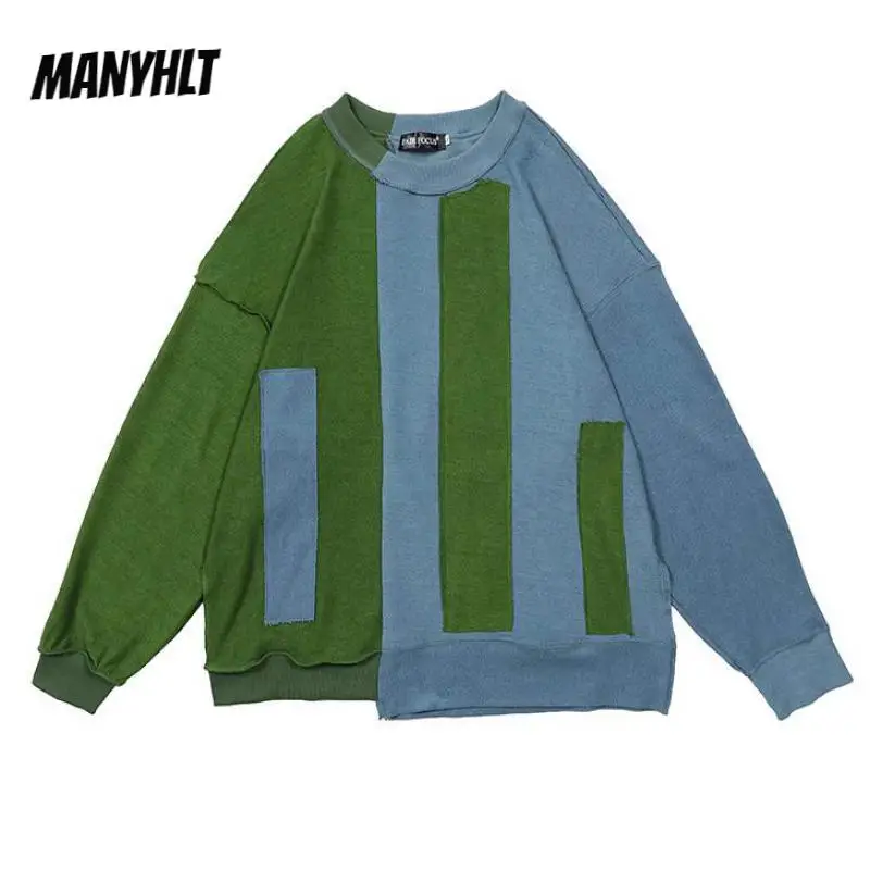 

Толстовка мужская с длинным рукавом, Повседневная Свободная кофта в стиле ретро, асимметричный подол, в стиле пэчворк, в полоску, с круглым в...