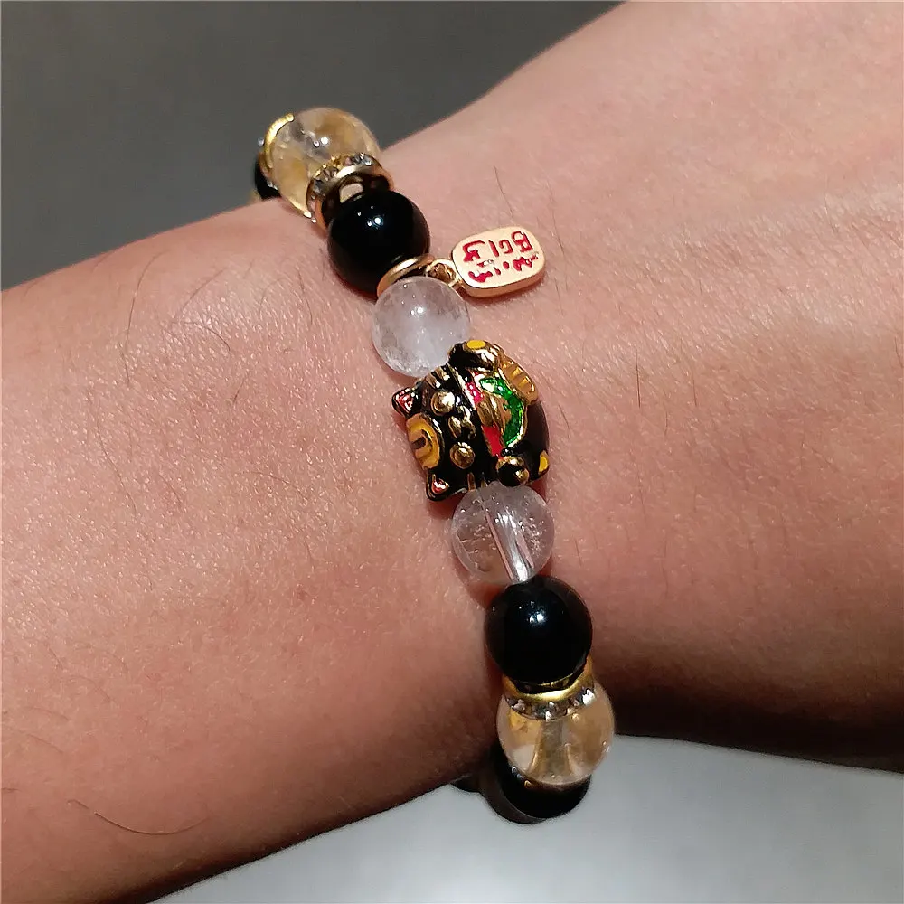 

Feng Shui Wealth Cat Genuine Obsidian Crystal Fortune Bracelet Men Women Lucky Black Amulet Wealth Natural Stone Bead Bracelets