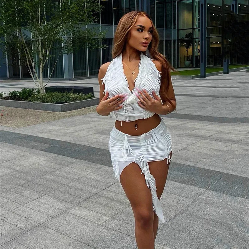 Casual Women Skirt Two Piece Set Halter Tank Top + Mini Dress Drawstring Solid Color High Waist Clothes For Women Outfit