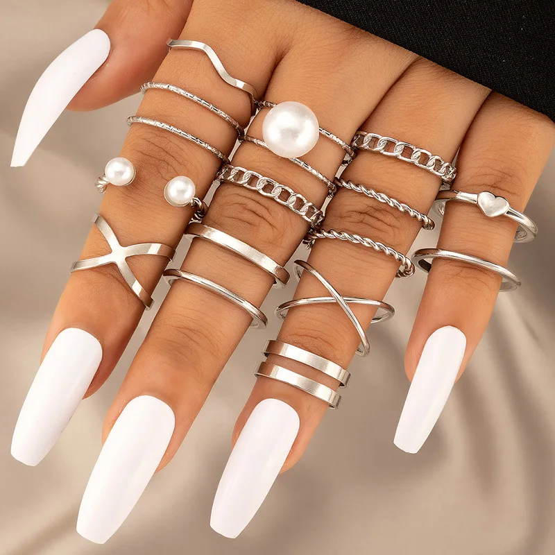

Vintage Geometric Pearl Set Twist Fifteen-piece Ring Set Bohemian Star Butterfly Love Cross Ring Women Fashion Simple Jewelry