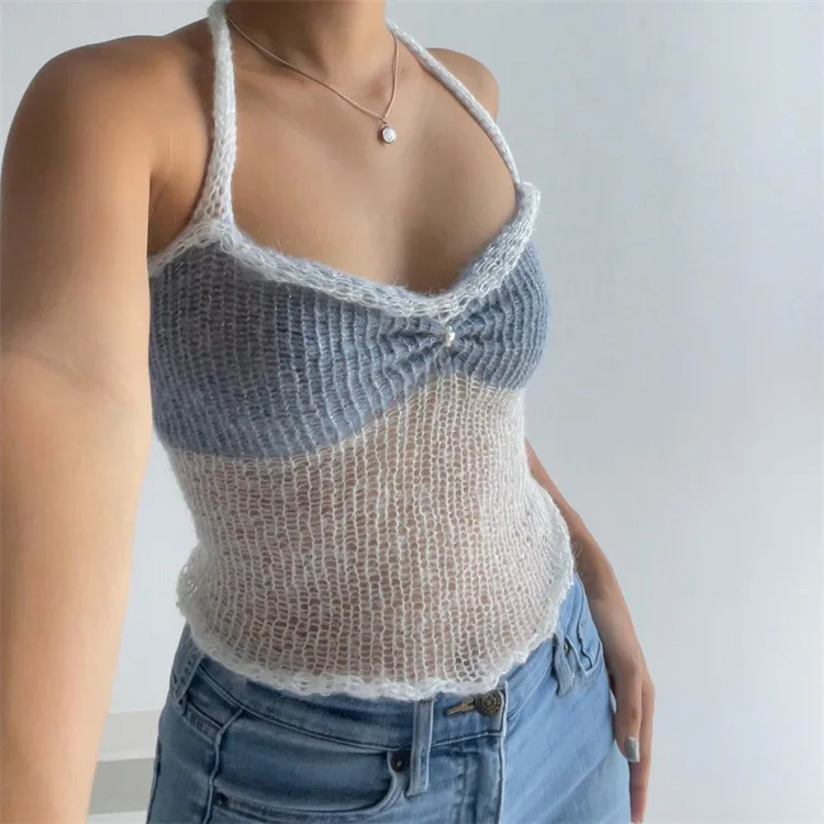 

Dourbesty Y2K Halter Neck Crop Cami Top Knitted Patchwork Printed Tank Top Tee Y2k Sleeveless Strappy Summer T-Shirts Streetwear