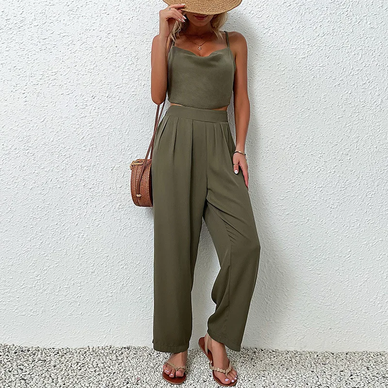 

YEMOGGY Sexy Women 2 Piece for Summer Women Suits 2022 Casual Solid Chic Backless Short Suspender Tops + Elastic Waist Pant Suit