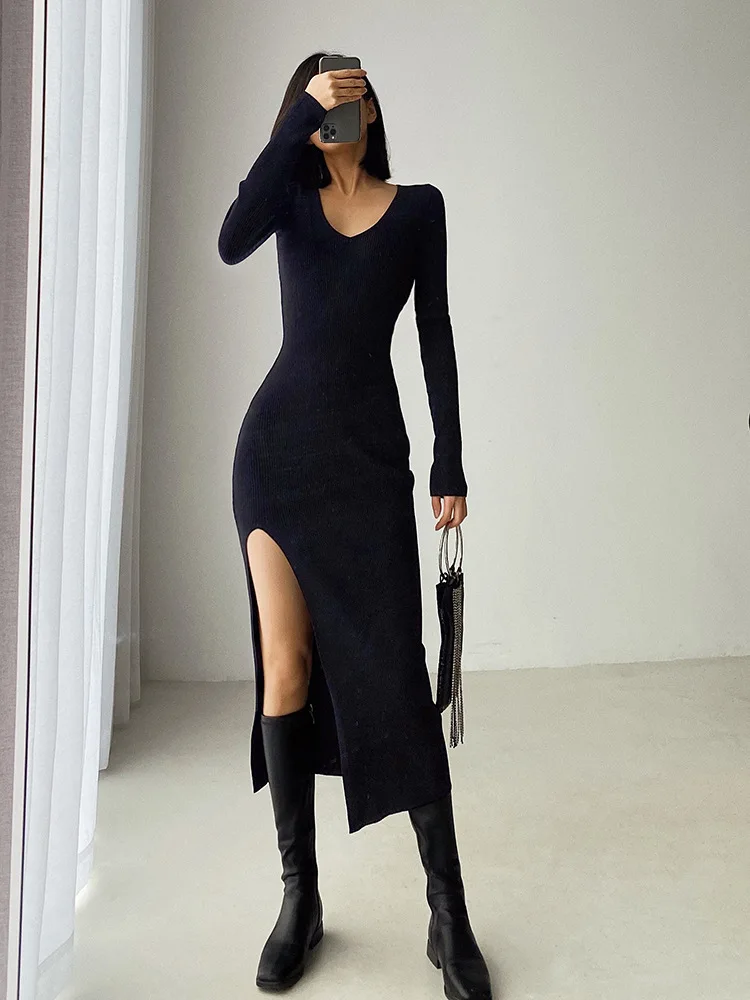 

Spring And Autumn V-neck Long-sleeved Slit High-waist Knit Dress Women Casual Solid Color Slim Basics Midi Dresses 2023 New