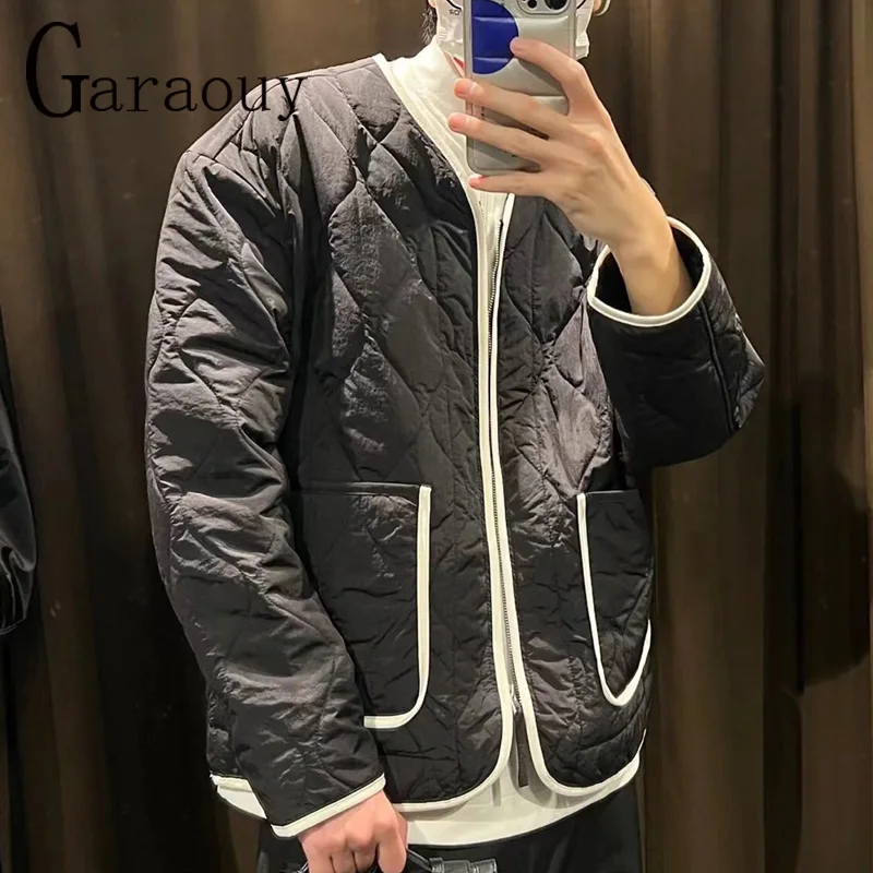 Garaouy 2022 Winter New Men's Clothing Oversized Parka Coats Chic Contrast Double Pocket Zipper Cardigan Thin Cotton Jacket Male