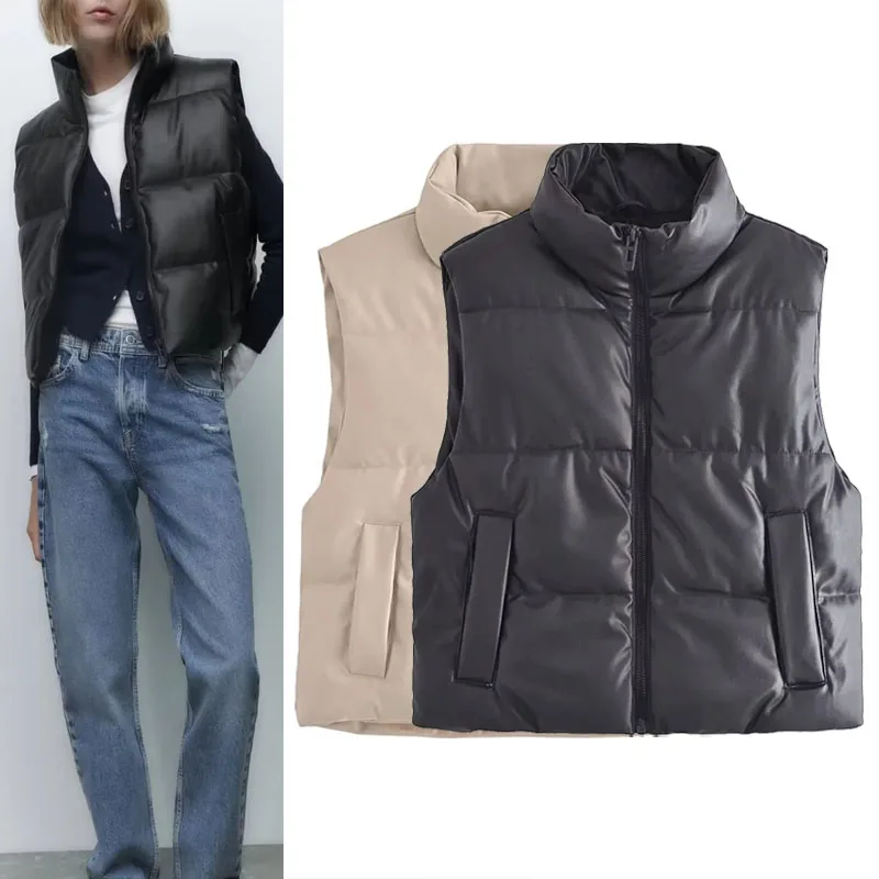 

TRAF 2023 Woman Faux Leather Vest Vintage High Collar Zip Sleeveless Jacket Woman Clothing Black Waistcoat Winter New In Outwear