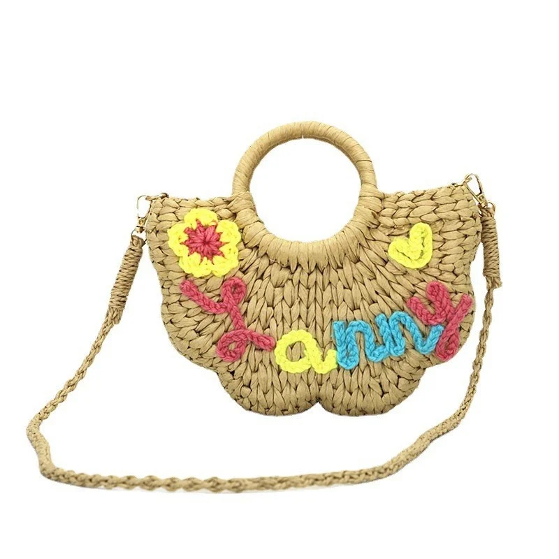 

Straw Handwoven Top-Handle Bag with Lace Moon