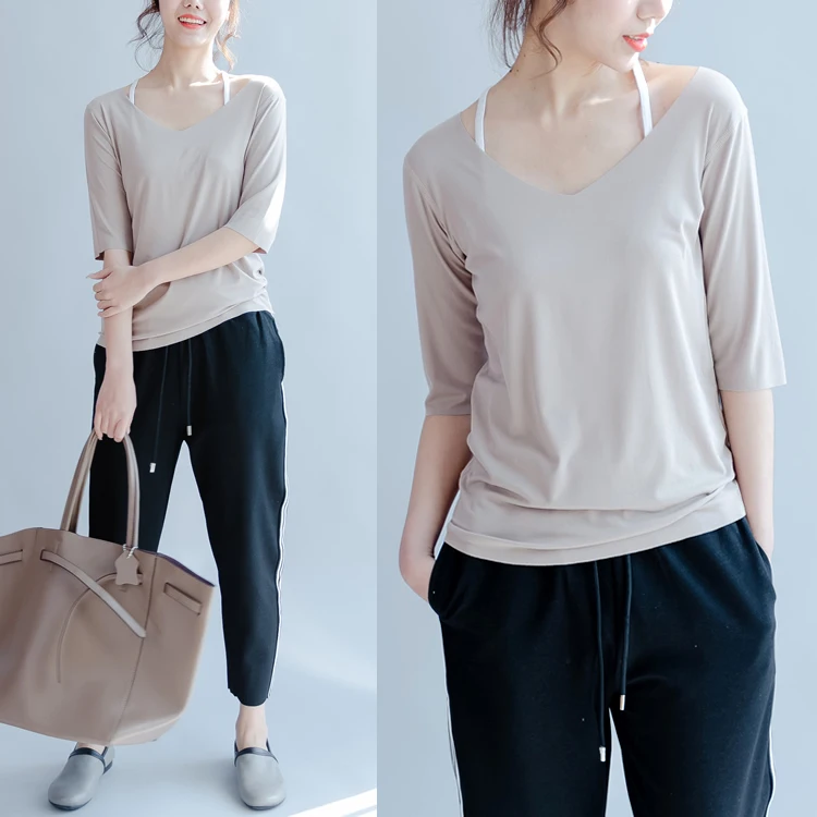 Qinghou Scoop модальная хлопковая бесшовная нижняя рубашка со средними рукавами