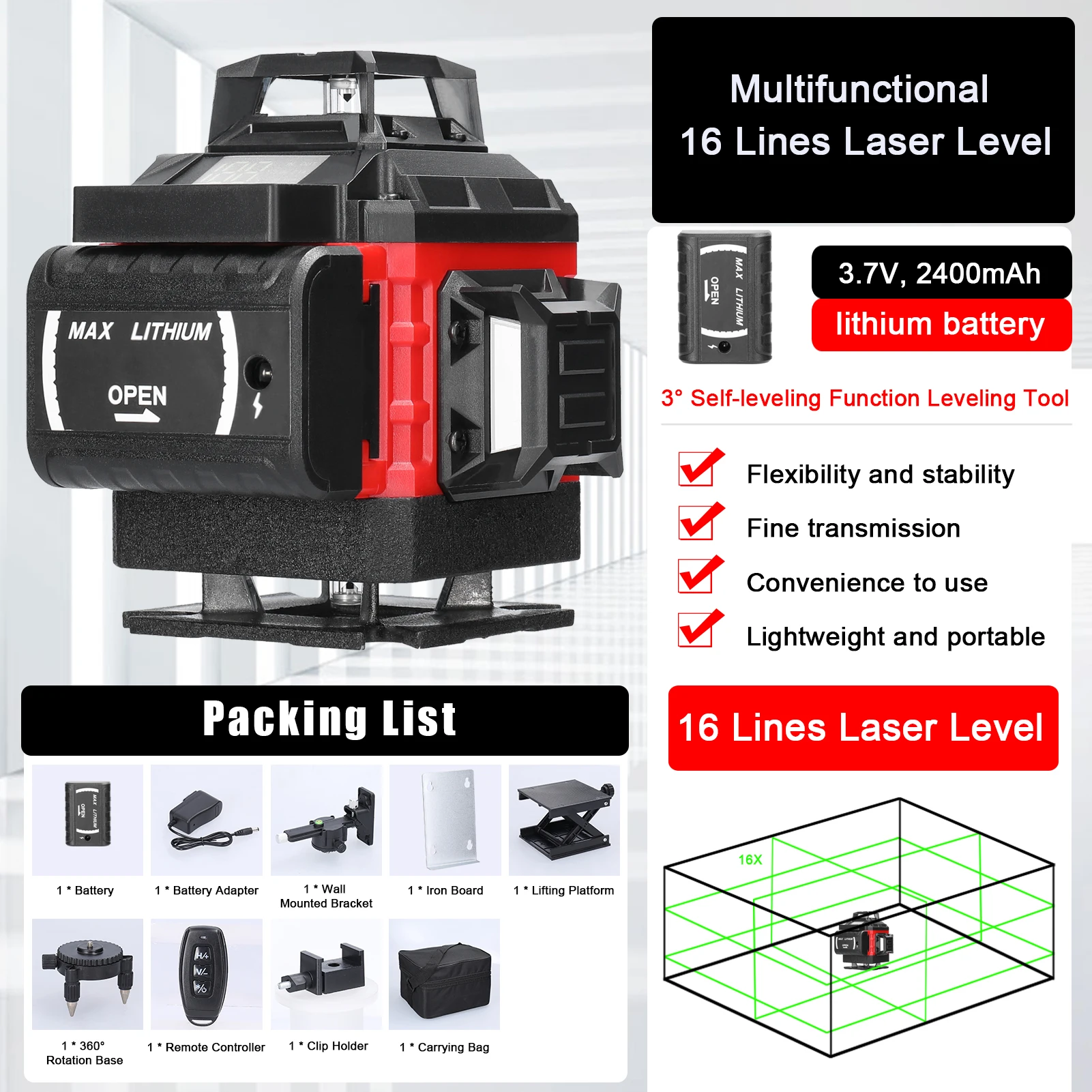 Многофункциональный самонивелирующийся лазерный уровень 4D 16 линий