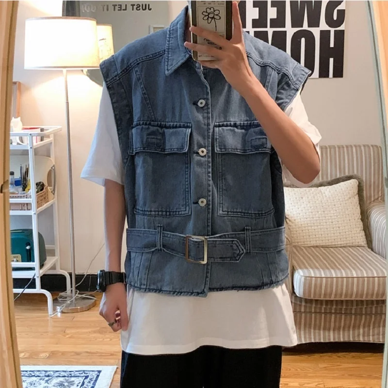 

Men's Sleeveless Denim Jacket, Motorcycle Jacket, Blue, Spring and Summer Fashion, Korean, Loose, Shorts