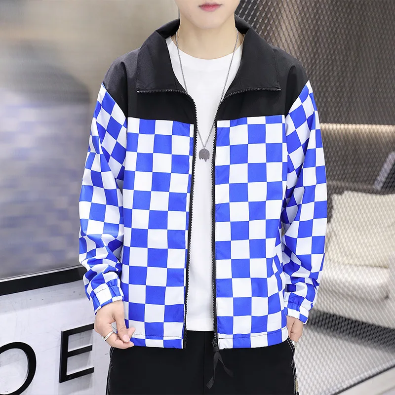 

2022 Men's Chessboard Plaid New Spring Loose Leisure Sports Jacket Youth Color Matching Printed Stand Collar Jacket