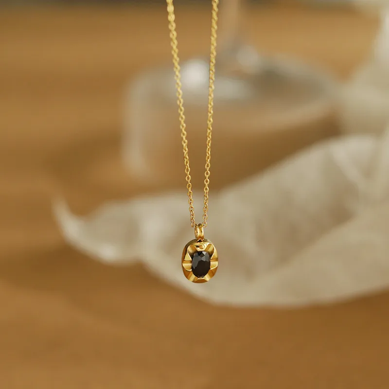 

Black Cubic Zirconia Oval Pendants Necklace For Women Korean Fashion Stainless Steel Necklaces Gold Plated Kpop Y2k Jewelry