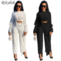 rstylish casual streetwear two piece set women sweatsuit 2022 fall clothes long sleeve loose crop top and wide leg pants outfit