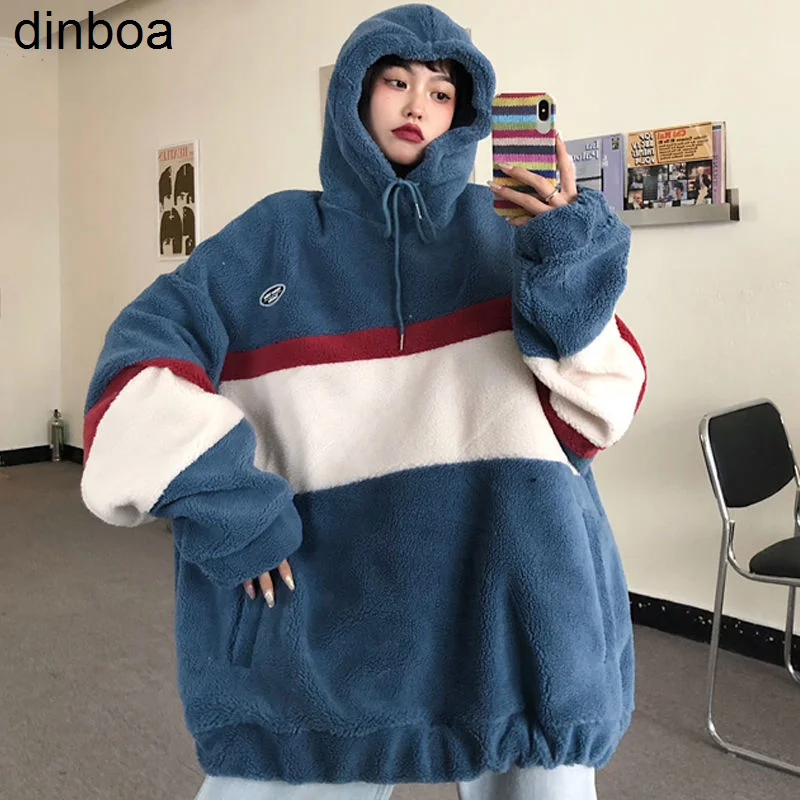

Толстовки Dinboa с капюшоном, оверсайз толстовка из овечьей шерсти, пуловер в стиле Харадзюку, Утепленная зимняя свободная теплая парная Повсе...