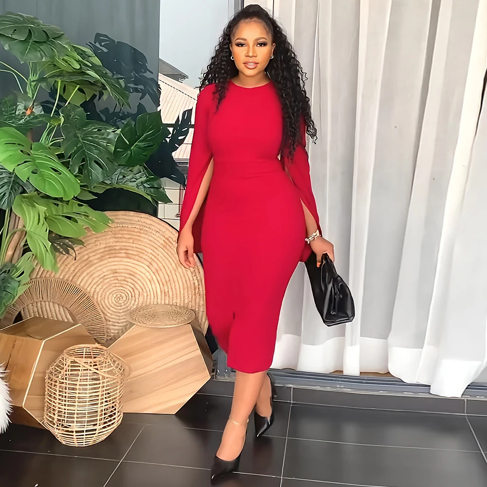 

Office Lady Women's Formal Pencil Midi Dresses Fashion Full Lady Cloak Sleeve Bandage Dress Elegant Front Split Business Vestido