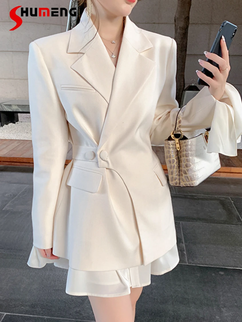 

Высококачественный темпераментный костюм с асимметричными рюшами, Женская однотонная куртка средней длины, модель 2022 года, новая осенняя о...