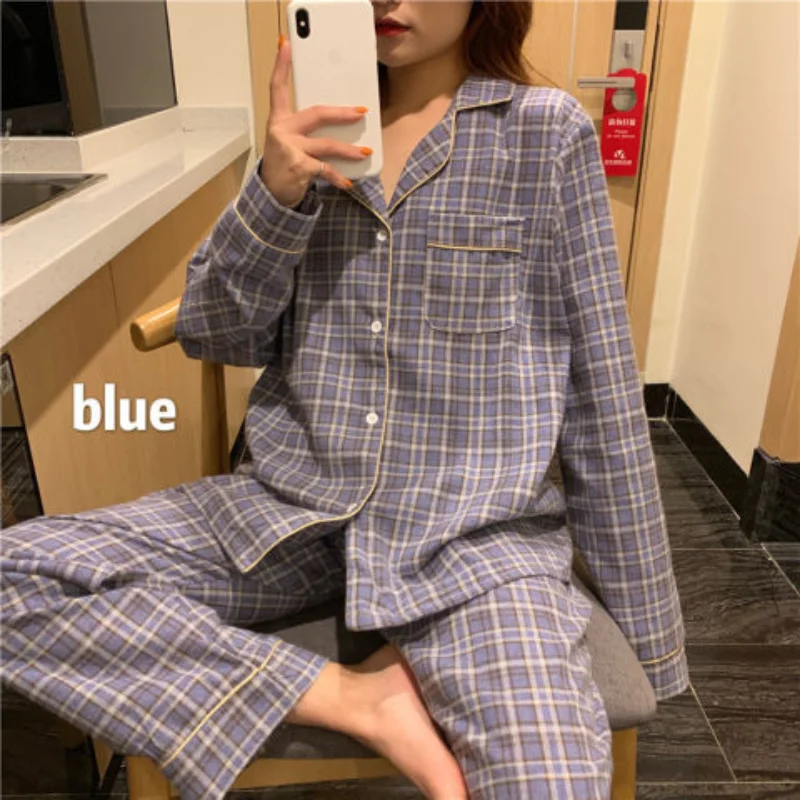 2022 spring and autumn new pajamas ladies long-sleeved trousers cardigan plaid sweet and fresh home service women's pajamas set