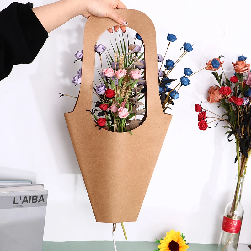 

5pcs Handle Kraft Paper Flower Bags Flowers Wrapping Gift Flower Packaging Boxes for Home Wedding Party Decoration