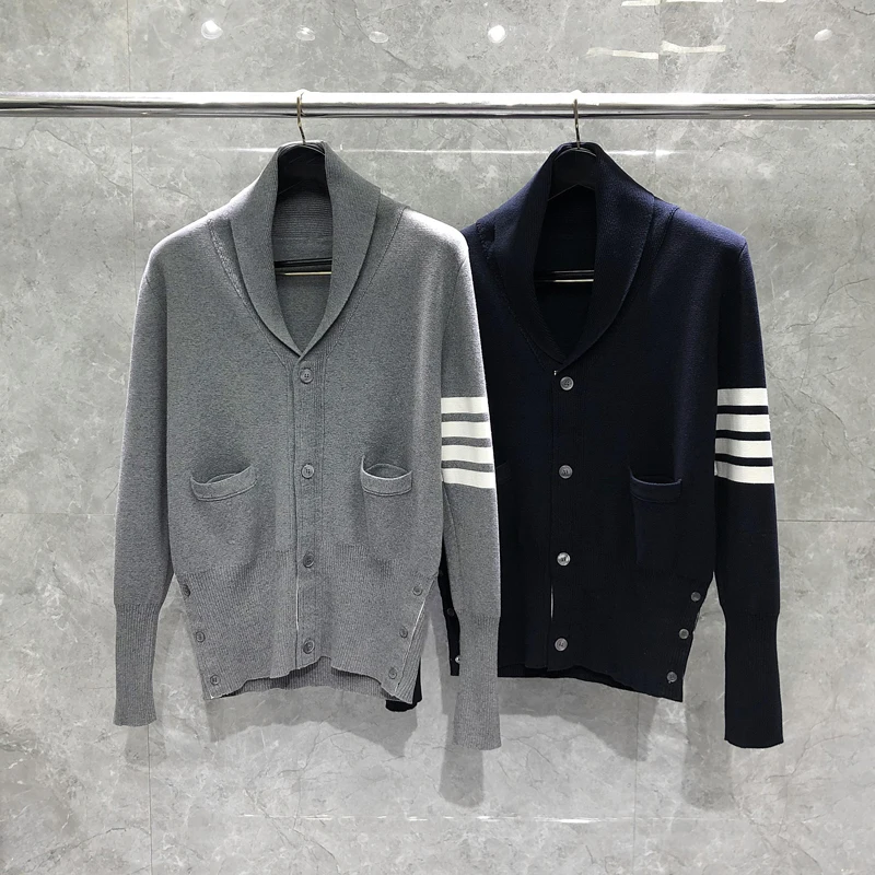TB THOM Men's Sweater 2022 Winter New Arrival Sweaters White 4-Bar Stripes Polo V-neck Solid Cardigans Harajuku Sweater Male