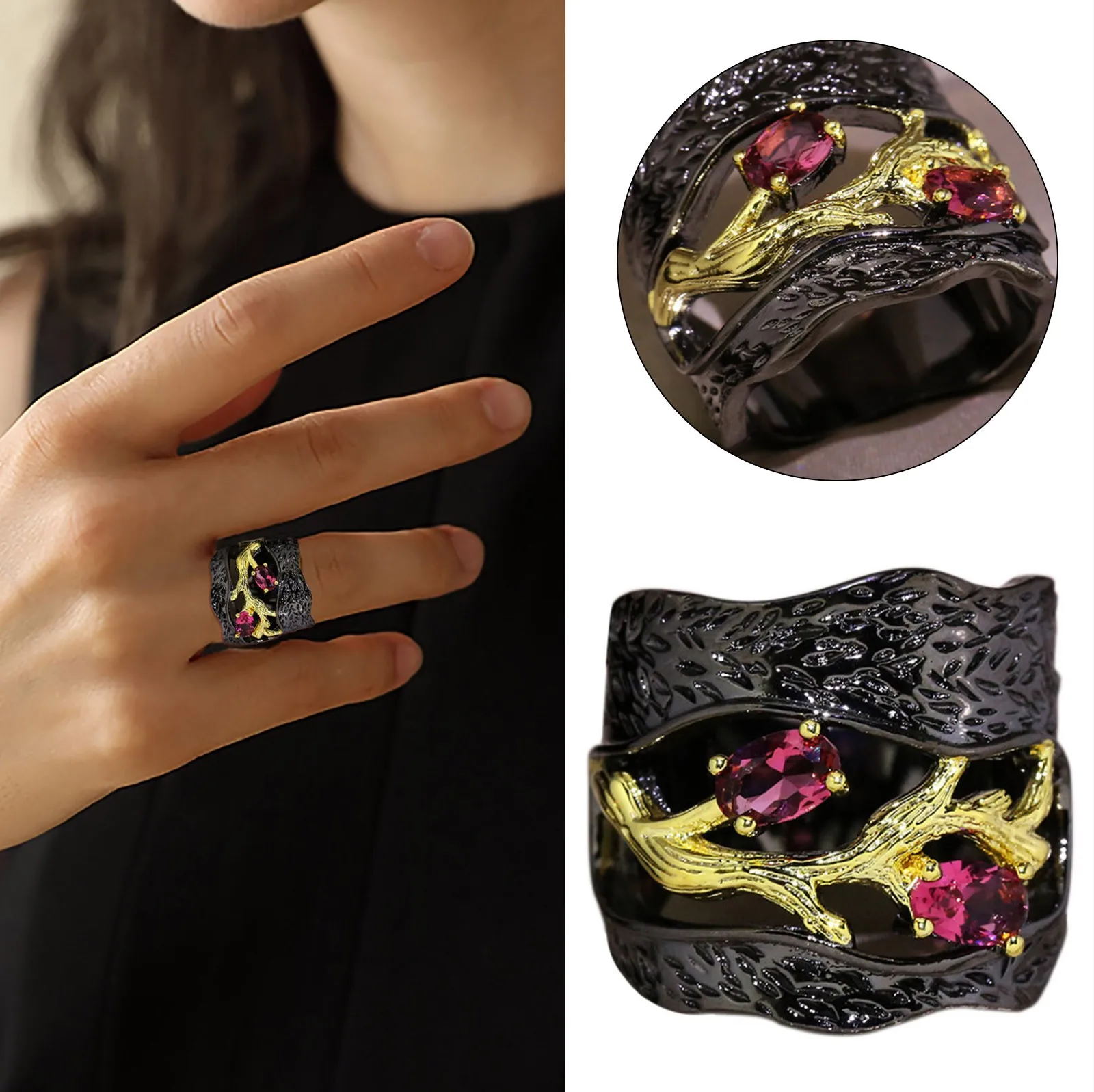 

Vintage Red Crystal Ring Boho Chunky Ring For Women Statement Bohemian Ring Engraved Hollow Mysticss Tree Ring