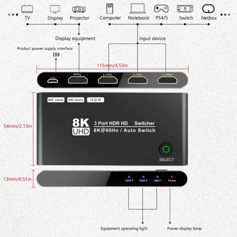 DXAB 3-портовый коммутатор HDTV 8K с удаленной поддержкой @ 60 Гц 4K 120 Высокоскоростной