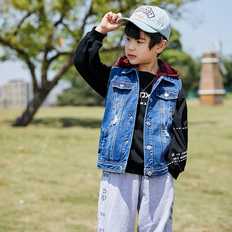 

Детская куртка для мальчиков и девочек на весну и осень, детские синие куртки, толстовки для подростков, джинсовый жилет, детская одежда, осенняя одежда для больших мальчиков