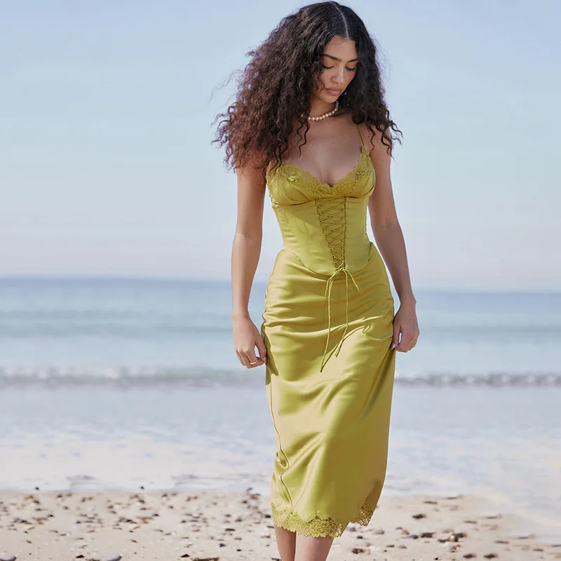 

Seaside Sexy Slim Bust Showing Spice Girl Long Dress Tunic Lace Sling Dress Female 2023 Summer Club Party Dress Vestidos