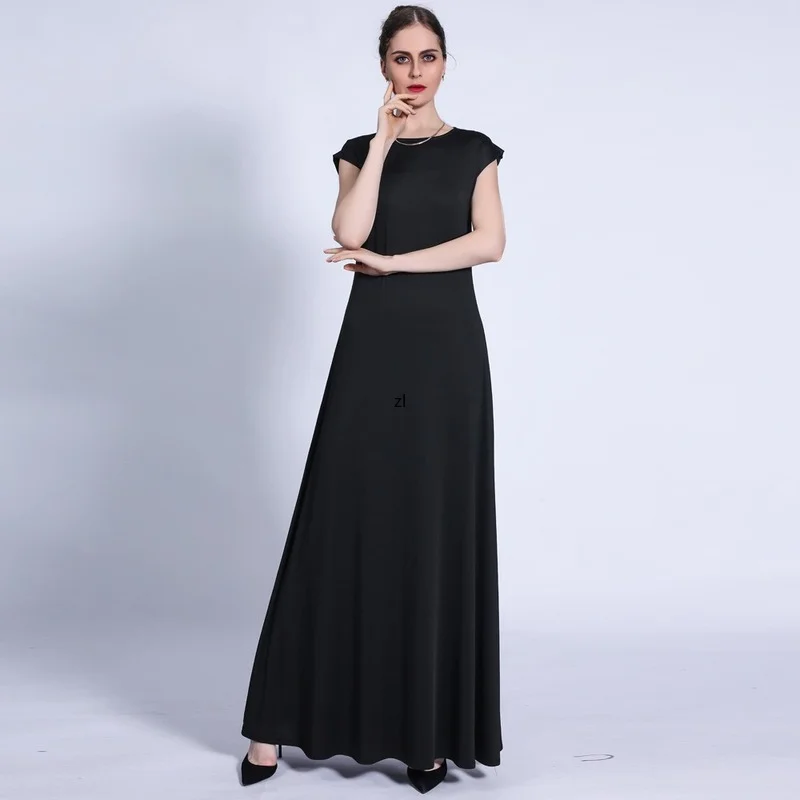 

Women Plain Sleeveless Maxi Dress Stretchy Knitting A Line Dubai Turkey Islamic Muslim Elegant Inner Robe Gown Under Abaya