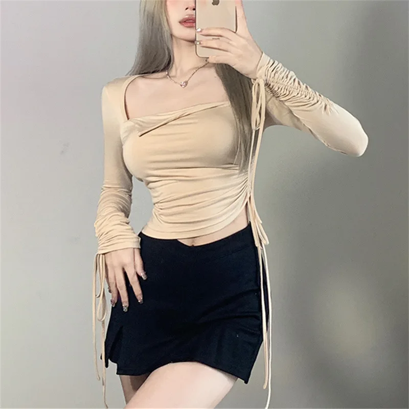 

2022 New Square Neck Long Sleeve Top Sexy Tight Pull With Pleated Design Sense Of Short Spring Autumn Elegant Foundation Shirt