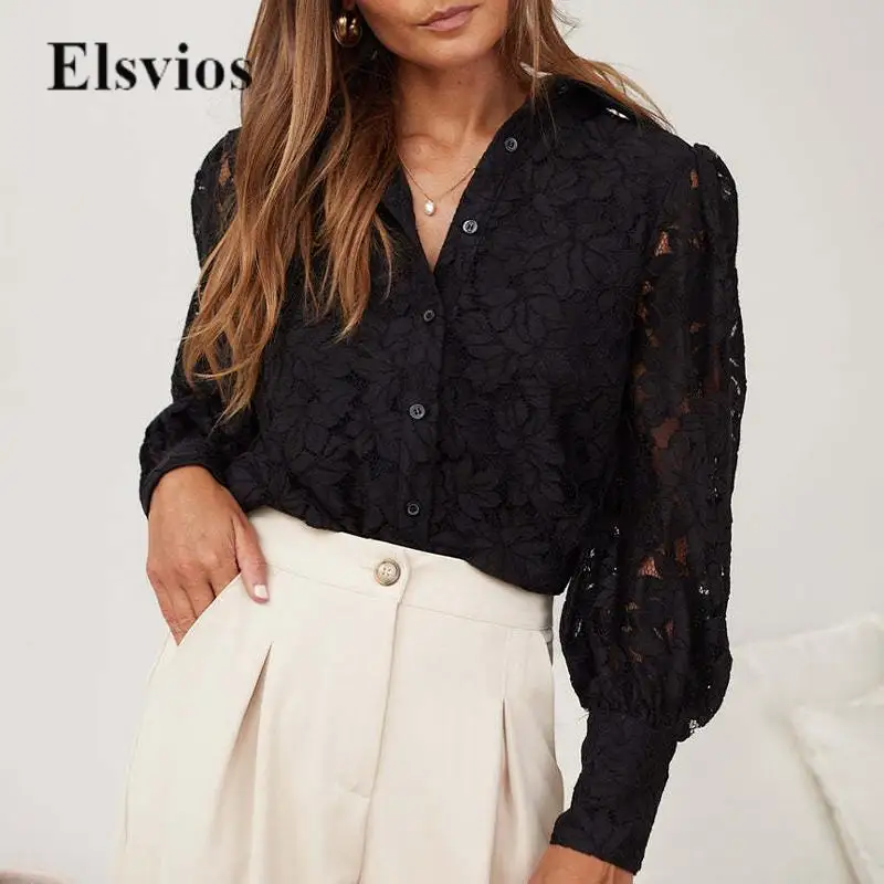 

Elegant Lantern Sleeve Women Blouse Fashion Casual Single-breasted Button Top Blusa Sexy Hollow Out Lace Flower Embroidery Shirt