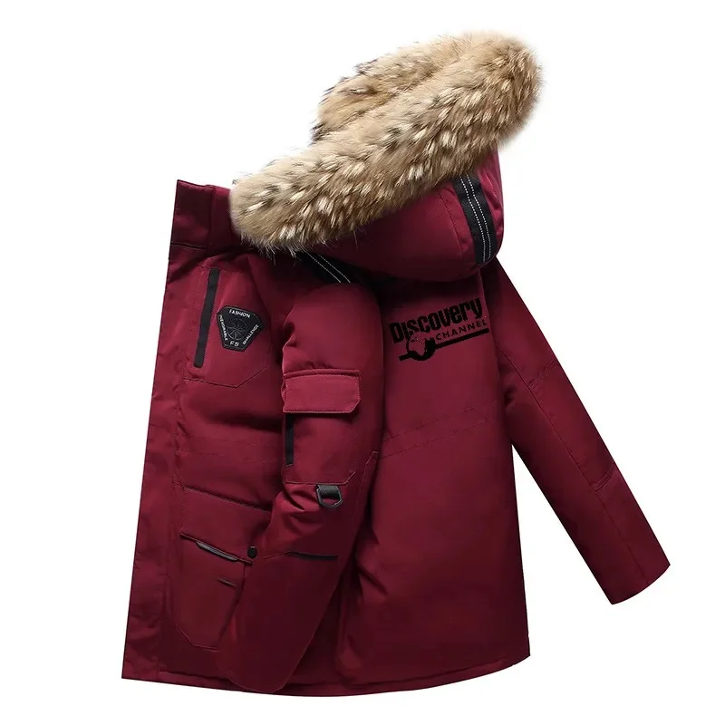 

Thicken Canada Discovery Men Down Jacket Detachable Big Real Fur Collar Warm Casual Waterproof Winter Coat Printed Hooded Women