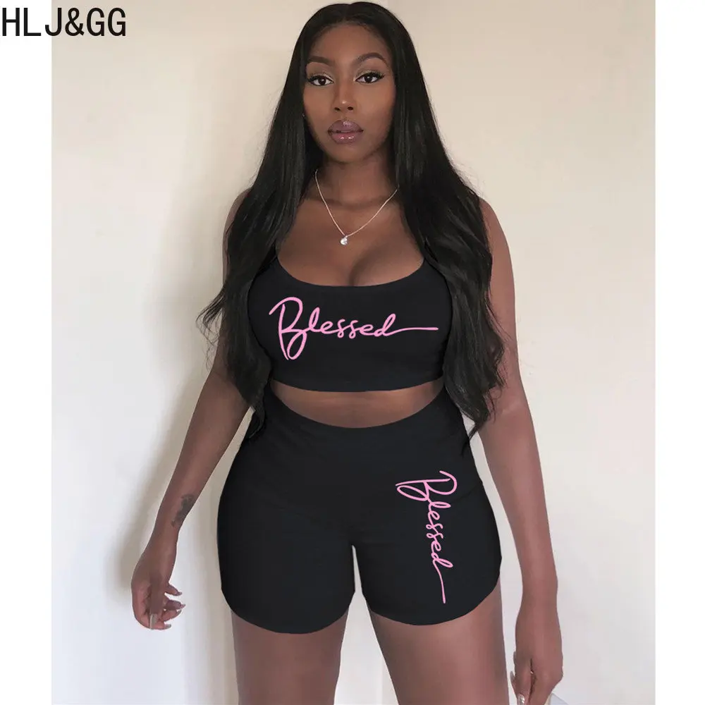 

HLJ&GG Summer Letter Printing Two Piece Sets Women Thin Strap Crop Top+Biker Shorts Outfits Sexy Female Matching 2pcs Tracksuits