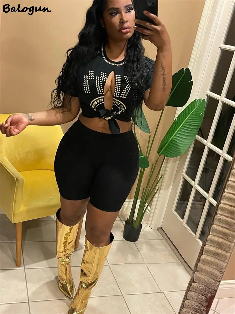 

Balogun Streetwear Black 2 Two Piece Sets For Womens Outfits letter print Short Sleeve Crop Top Short Pants Casual Matching Sets