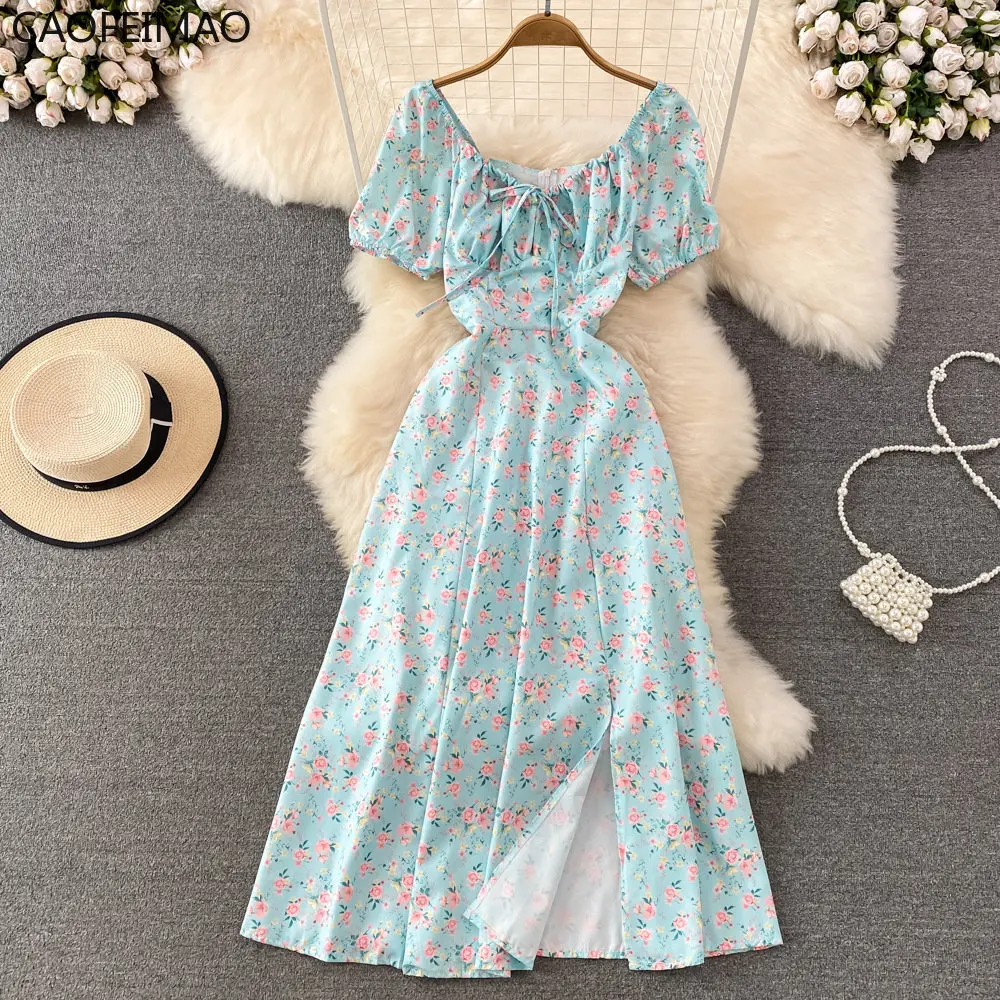 

Summer Vintage Dress Blue Floral Summer Bubble Sleeve Tie Up Sexy Dresses Women A-line Print Split Long Dress Elegant Vestidos