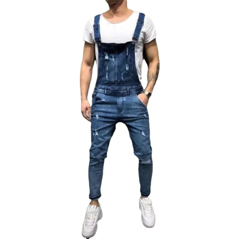 Fashionable Mens Suspender Denim Jumpsuit Ripped Jeans Full Length Overalls Streetwear Bibs Blue Pants Male Worn Rompers