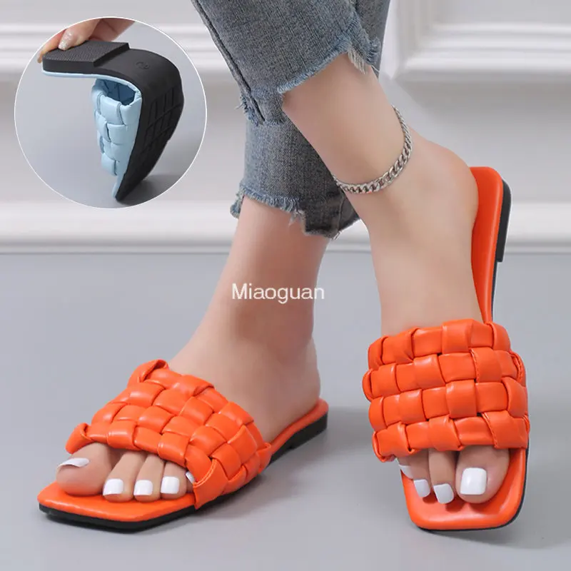 

Design Weave Soft Slippers for Women Summer 2023 Orange PU Leather Beach Flip Flops Female Square Toe Flat Sandals Plus Size 43