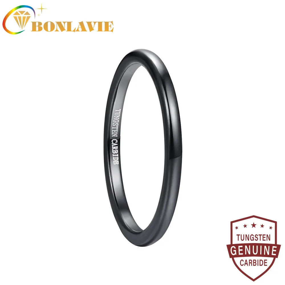 

BONLAVIE 2mm Width Tungsten Carbide Ring Wedding Band Promise Anel Masculino Black Fully Polished Tungsten Steel Ring