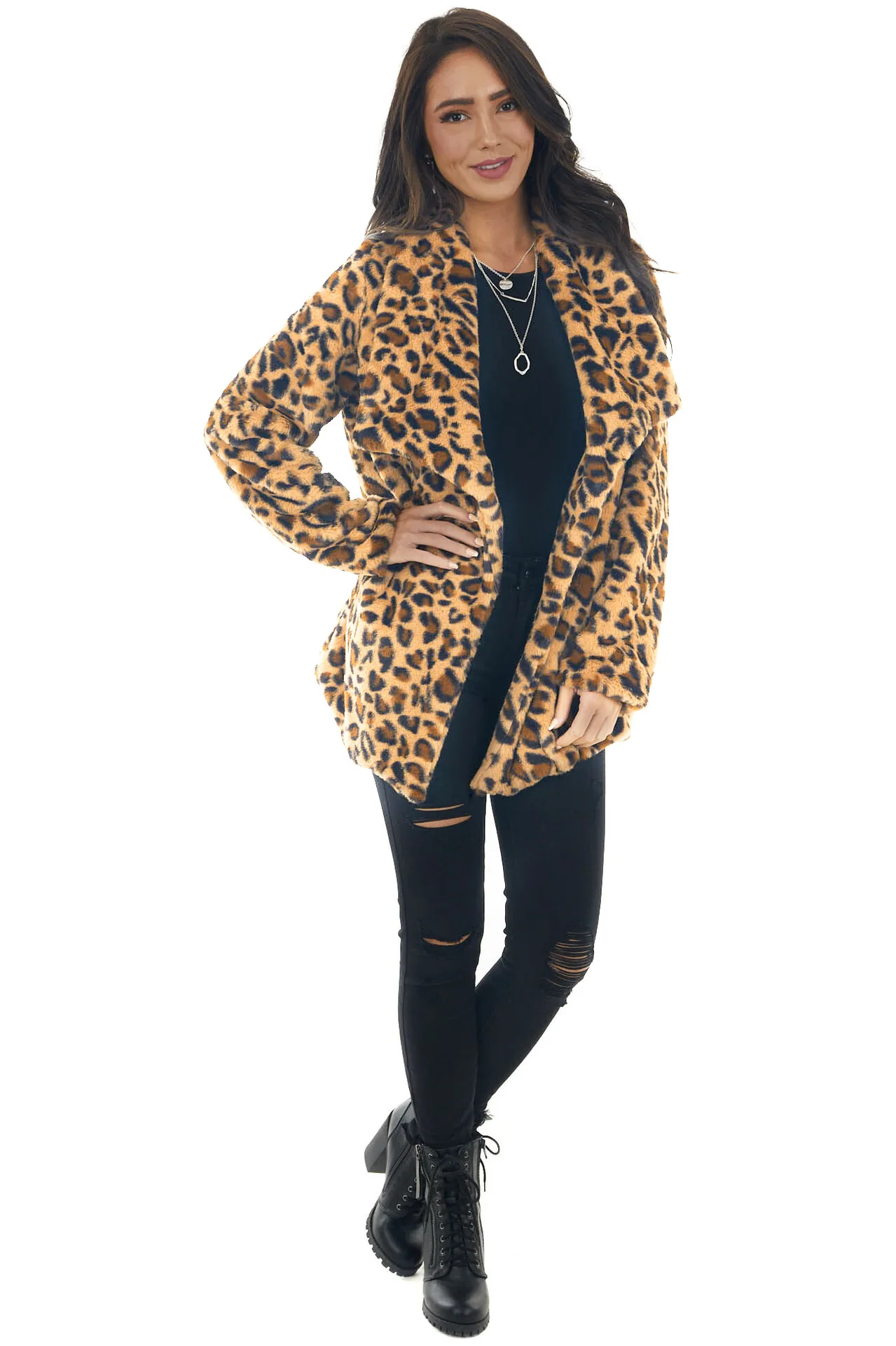Winter Beltless Lapels Faux-fur Streetwear  Long-sleeved Leopard Fur Coat Women's Clothing Leopard Long Coats for lady