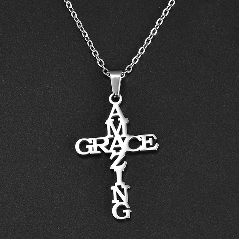 

Dropshipping Stainless Steel Amazing Grace Cross Necklace Religion Jesus Fashion Pendants For Women Men Best Friend Gift Jewelry