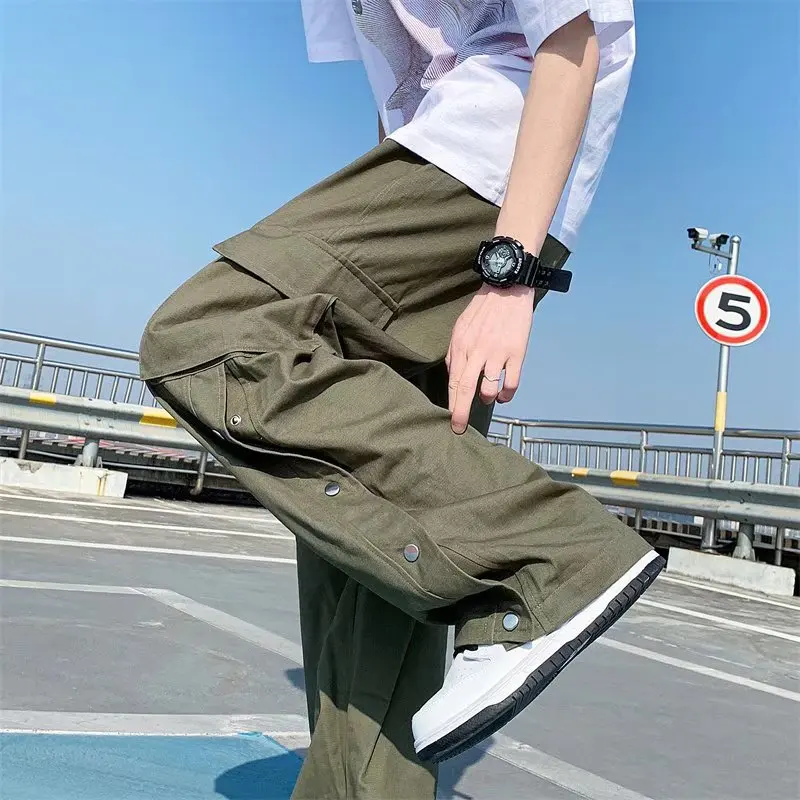 2022 New Men Cotton Cargo Pants Harajuku Style Straight Casual Pants for Men  Solid Big Pockets Loose Wide Leg Design Trousers