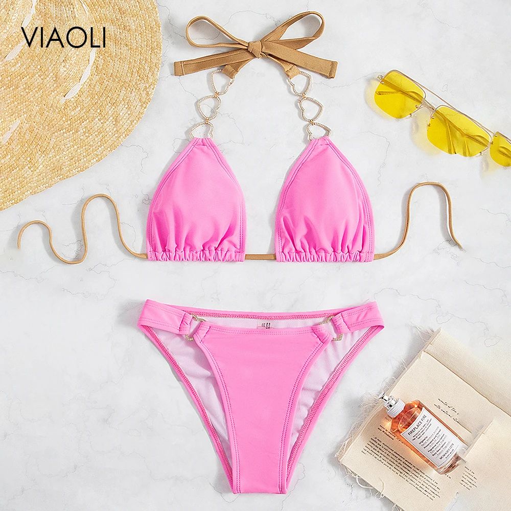 

Розовый женский бразильский купальник из двух предметов с кольцами и высокой талией, бикини, пикантные женские комплекты бикини, летние нов...