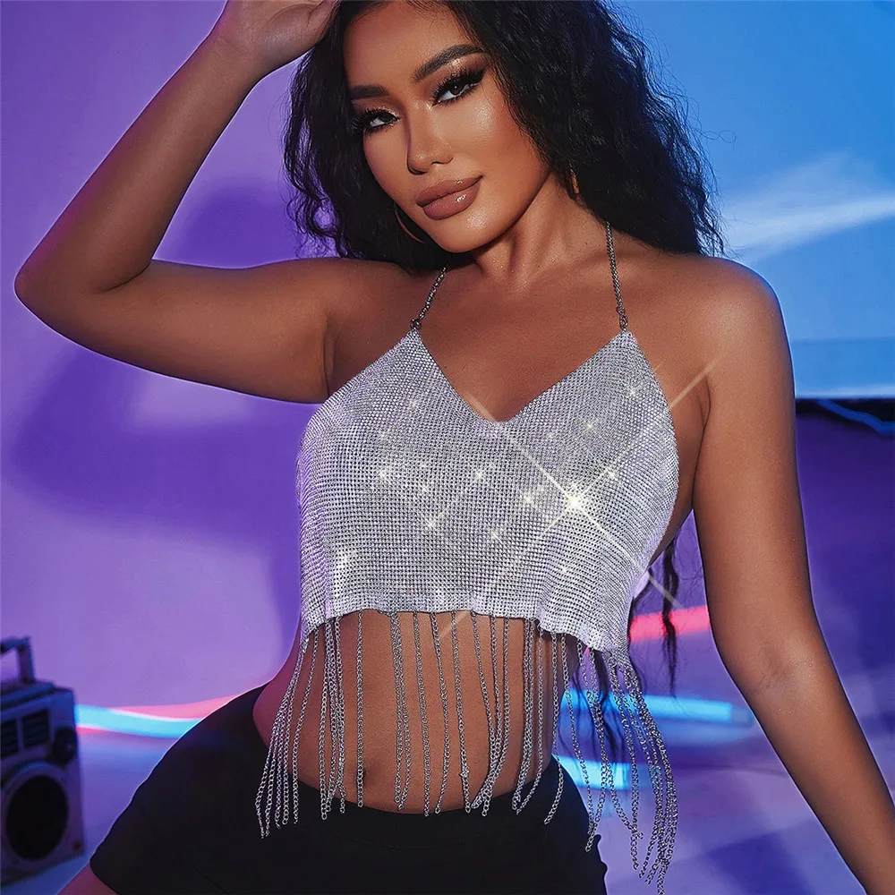 

Full Crystals Women Top Tassel Night Club Party Festival Top Halter Backless V Neck Women Top Summer Beach Wear