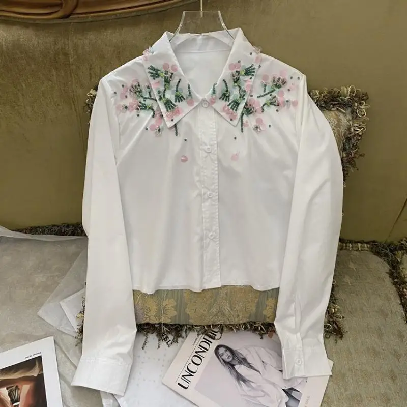 

Женская рубашка с коротким рукавом, белая Свободная блузка с длинным рукавом и бисером, весна-лето