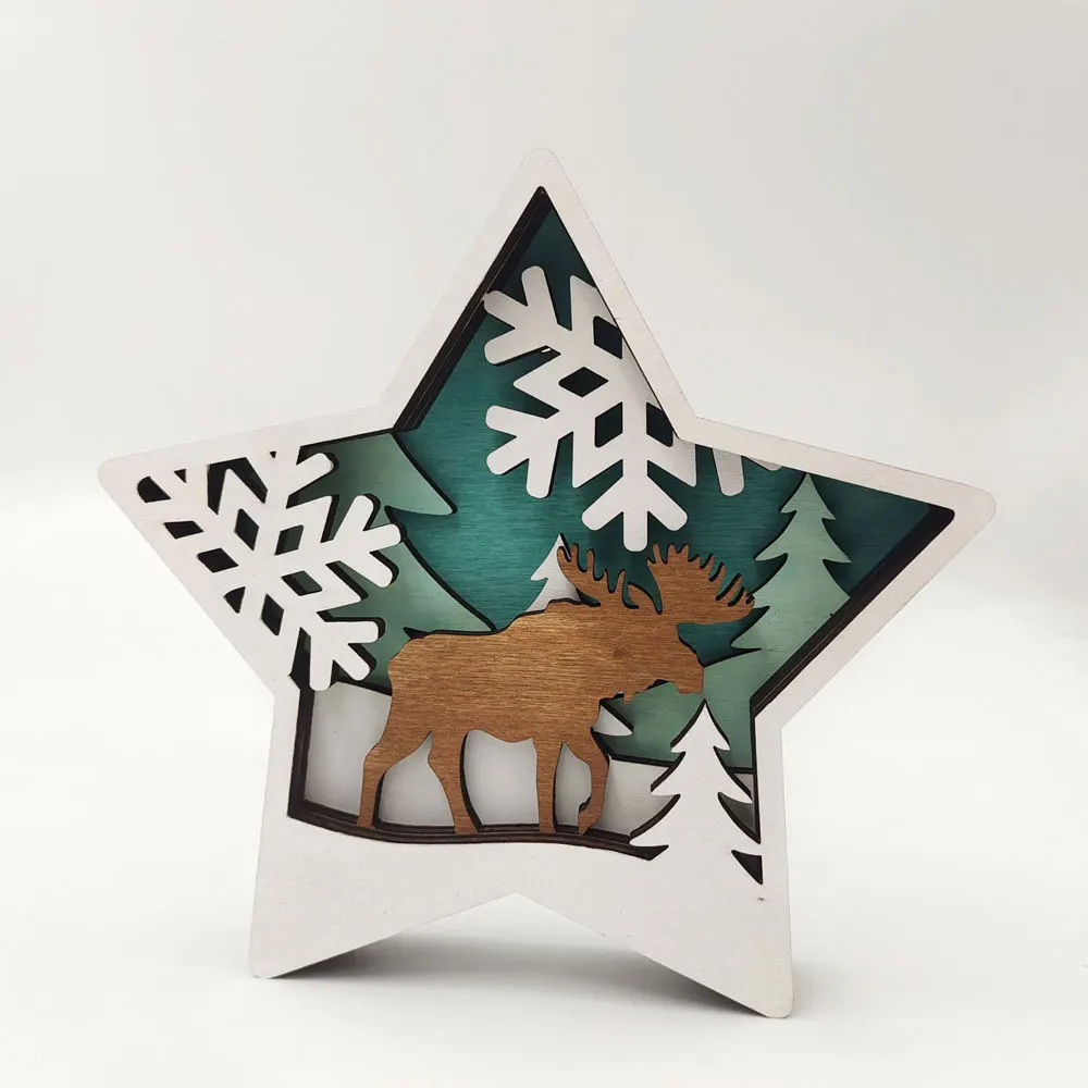 

Рождественские деревянные поделки, полые резьбовые украшения в форме звезды, снеговик, лось, узор, рождественские украшения для дома