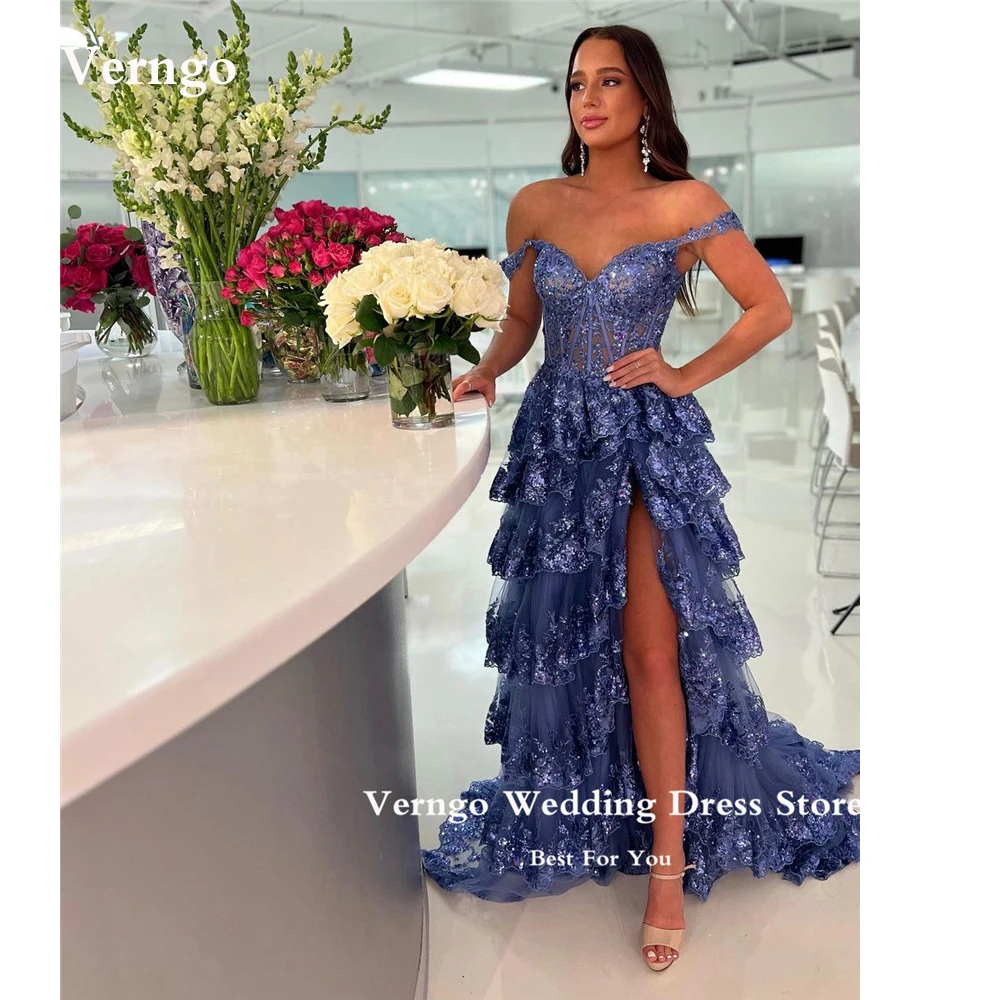 

Verngo Sparkly Dusty Blue Evening Prom Dresses 2023 Off the Shoulder Lace Applique Tulle Tiered Party Dress Formal Occasion