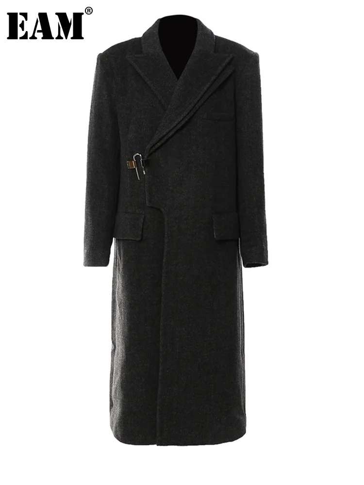 

[EAM] свободное темно-серое длинное толстое шерстяное пальто большого размера, парки, новая женская мода с длинным рукавом, Осень-зима 2022 1DF3158