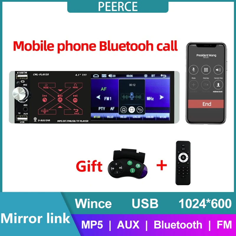 

PEERCE 4.1"Car Radio 1Din Touch Screen Bluetooth Autoradio USB AUX MP5 Video Player MP3 Auto Audio Stereo Support Microphone